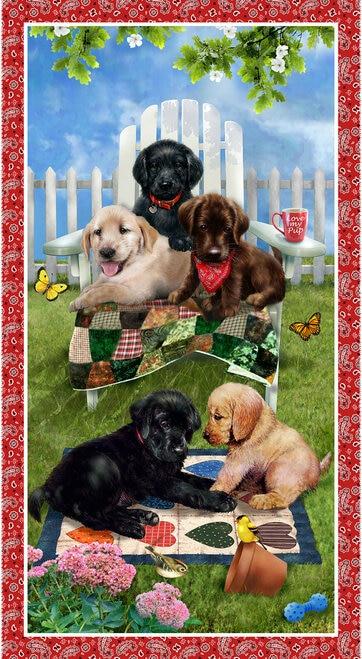 Pups in the Garden Banner - Red - PANEL