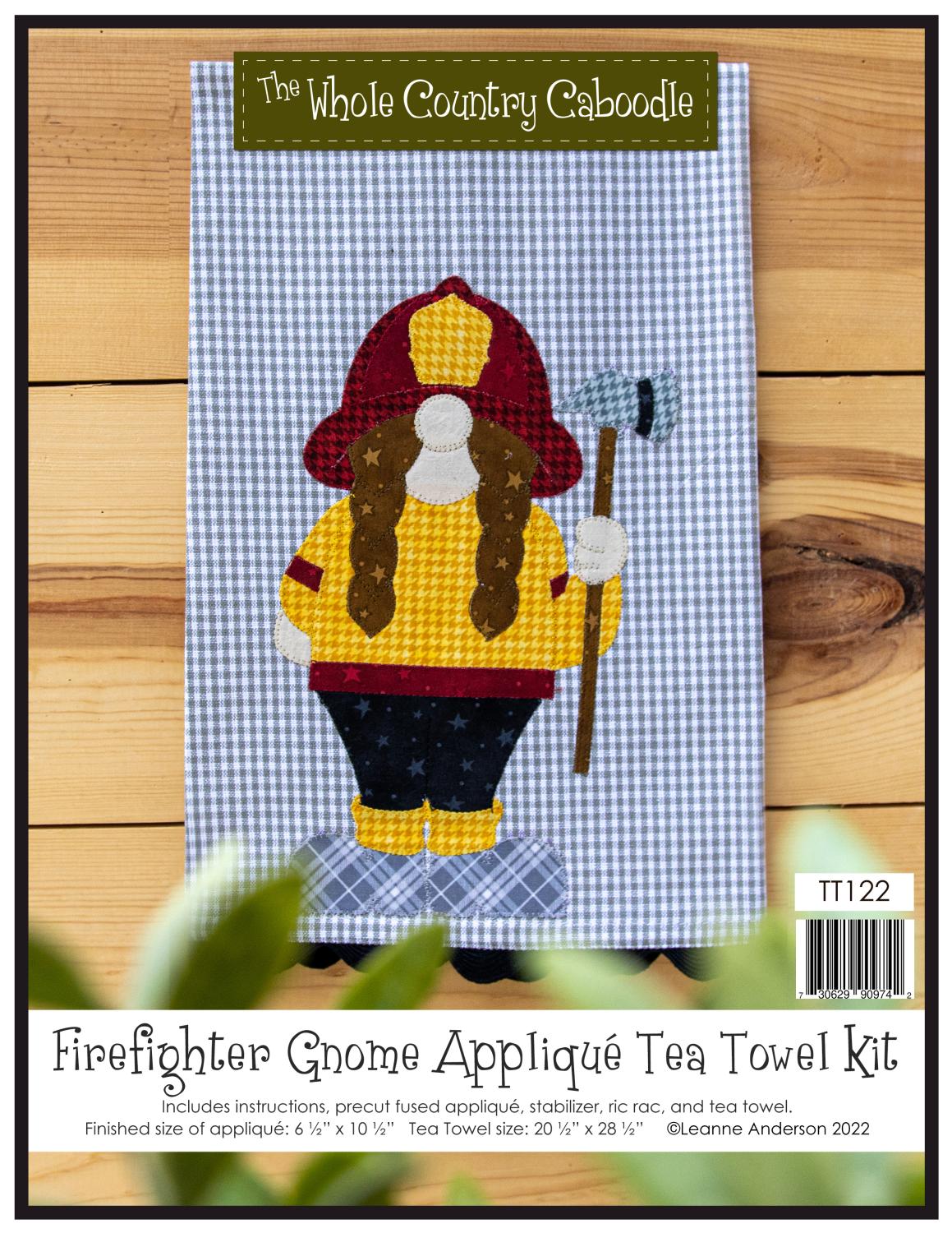 Firefighter 2 Gnome Applique Tea Towel